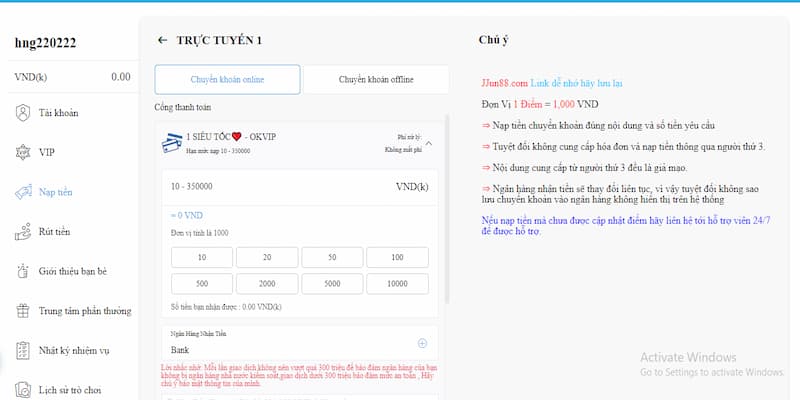 Nạp tiền JUN88 theo cách chuyển khoản ngân hàng trực tuyến